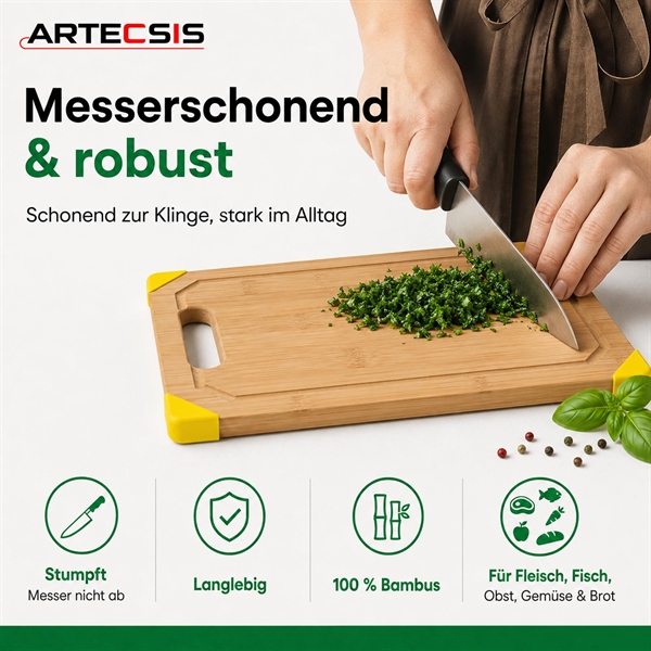 ARTESIS Bambus Schneidebrett 23 x 33 cm – K�chenbrett mit Saftrille und Griff – Robustes Schneidebrett f�r Fleisch, Gem�se, Brot und Obst – Servierbrett aus Bambus