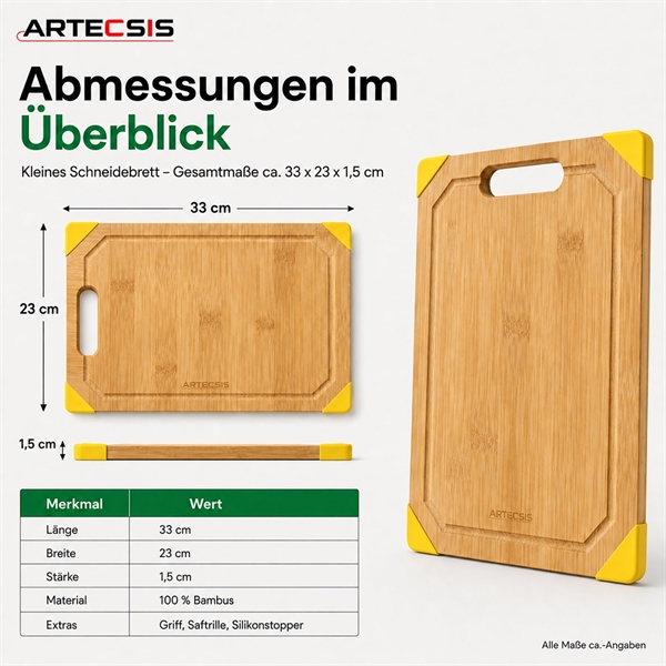 ARTESIS Bambus Schneidebrett 23 x 33 cm – K�chenbrett mit Saftrille und Griff – Robustes Schneidebrett f�r Fleisch, Gem�se, Brot und Obst – Servierbrett aus Bambus
