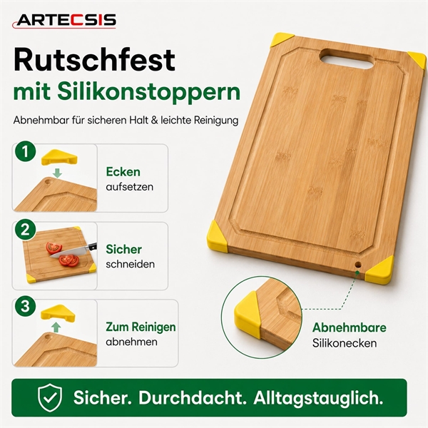 ARTESIS Bambus Schneidebrett 23 x 33 cm – K�chenbrett mit Saftrille und Griff – Robustes Schneidebrett f�r Fleisch, Gem�se, Brot und Obst – Servierbrett aus Bambus