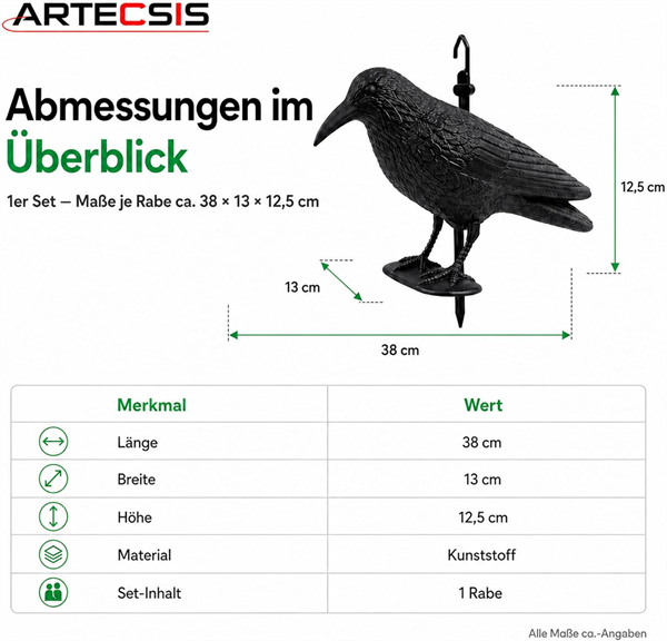 ARTECSIS Kunststoff-Rabe zur Taubenabwehr mit Stock und F��en, Taubenschreck, Lockvogel f�r die Jagd