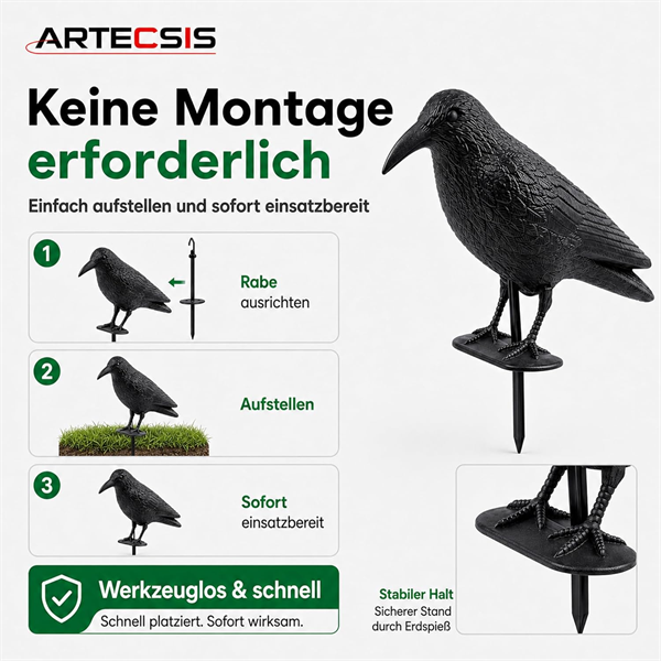 ARTECSIS Kunststoff-Rabe zur Taubenabwehr mit Stock und F��en, Taubenschreck, Lockvogel f�r die Jagd