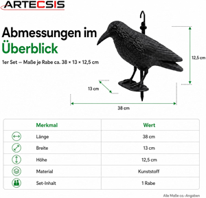 ARTECSIS Kunststoff-Rabe zur Taubenabwehr mit Stock und F��en, Taubenschreck, Lockvogel f�r die Jagd